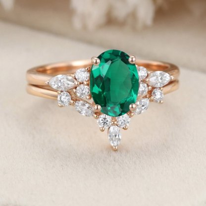 Unique Oval shaped Lab Emerald engagement ring set 14K Rose gold Moissanite engagement ring Diamond wedding Bridal Promise Anniversary gift