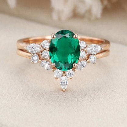 Unique Oval shaped Lab Emerald engagement ring set 14K Rose gold Moissanite engagement ring Diamond wedding Bridal Promise Anniversary gift