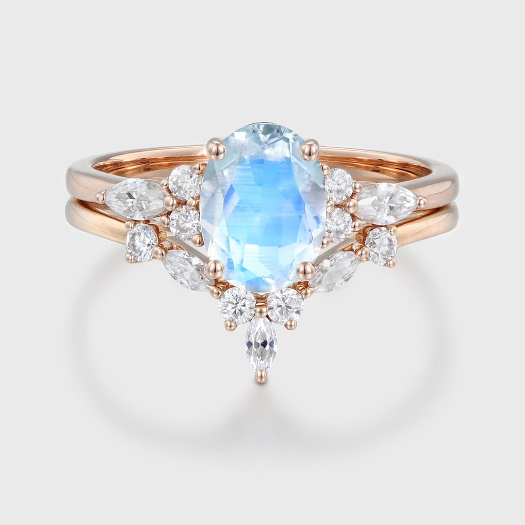 Unique Oval shaped Moonstone engagement ring set Rose gold Moissanite engagement ring Diamond wedding Bridal Promise Anniversary gift ring
