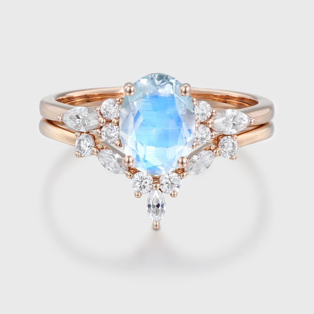 Unique Oval shaped Moonstone engagement ring set Rose gold Moissanite engagement ring Diamond wedding Bridal Promise Anniversary gift ring