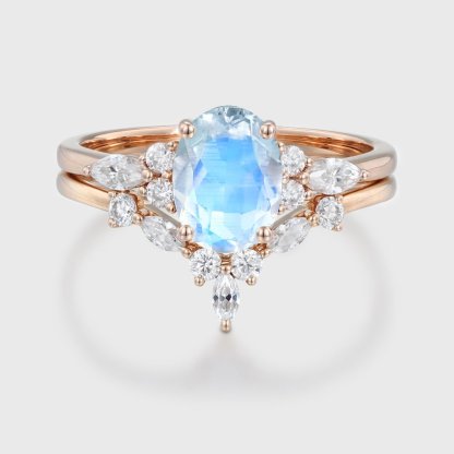 Unique Oval shaped Moonstone engagement ring set Rose gold Moissanite engagement ring Diamond wedding Bridal Promise Anniversary gift ring