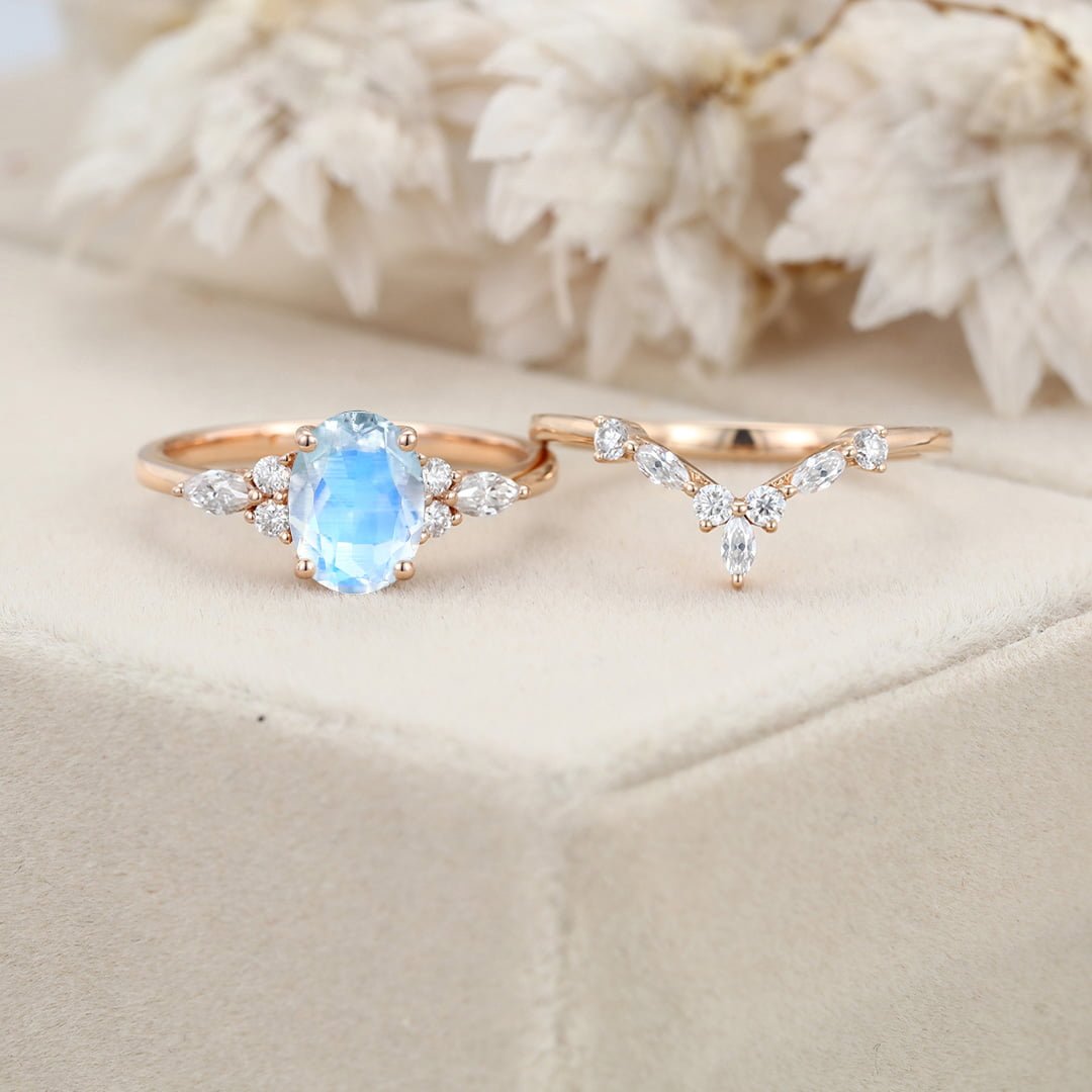 Unique Oval shaped Moonstone engagement ring set Rose gold Moissanite engagement ring Diamond wedding Bridal Promise Anniversary gift ring
