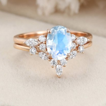 Unique Oval shaped Moonstone engagement ring set Rose gold Moissanite engagement ring Diamond wedding Bridal Promise Anniversary gift ring