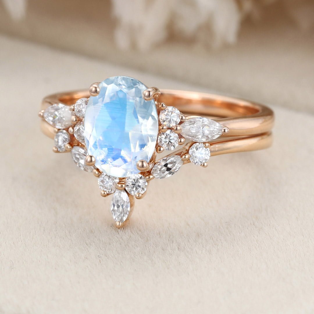 Oval Cut Moonstone Engagement Ring Set Rose Gold Wedding Bridal