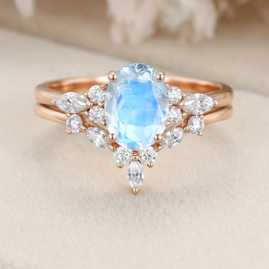 Unique Oval shaped Moonstone engagement ring set Rose gold Moissanite engagement ring Diamond wedding Bridal Promise Anniversary gift ring