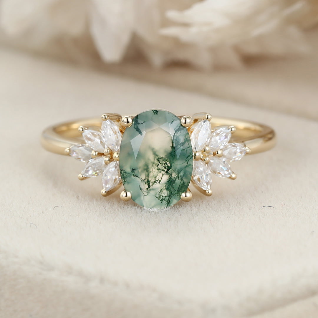 Unique Oval shaped Moss agate Engagement Ring Yelloe gold Moissanite Cluster Engagement Ring Vintage diamond Wedding Anniversary promise Gift