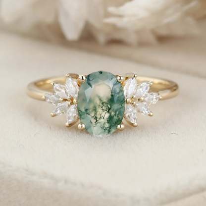 Unique Oval shaped Moss agate Engagement Ring Yelloe gold Moissanite Cluster Engagement Ring Vintage diamond Wedding Anniversary promise Gift