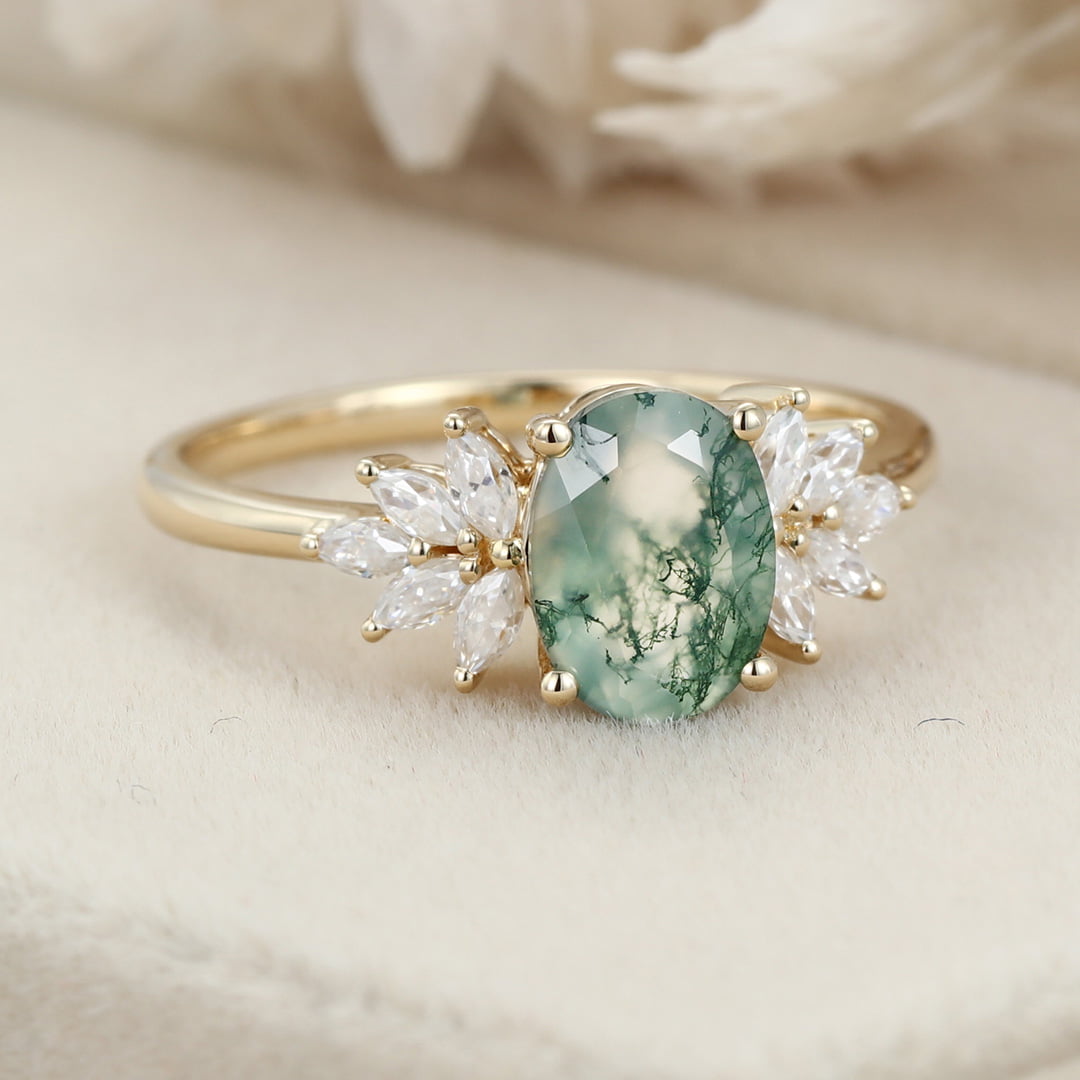 Unique Oval shaped Moss agate Engagement Ring Yelloe gold Moissanite Cluster Engagement Ring Vintage diamond Wedding Anniversary promise Gift