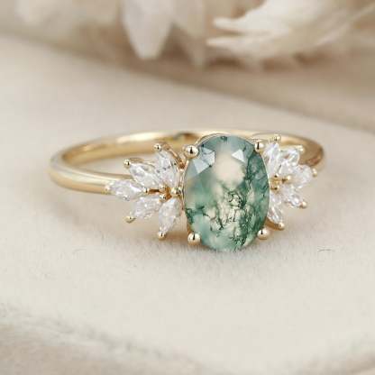 Unique Oval shaped Moss agate Engagement Ring Yelloe gold Moissanite Cluster Engagement Ring Vintage diamond Wedding Anniversary promise Gift