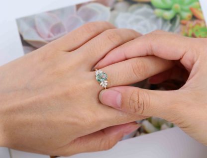 Unique Oval shaped Moss agate Engagement Ring Yelloe gold Moissanite Cluster Engagement Ring Vintage diamond Wedding Anniversary promise Gift