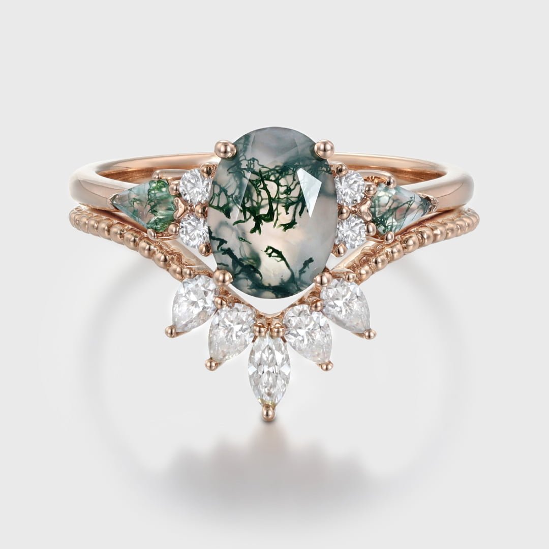 Unique Oval shaped Natural Moss Agate engagement ring set Vintage Rose gold diamond Cluster marquise cut art deco Bridal anniversary gift