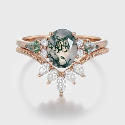 Unique Oval shaped Natural Moss Agate engagement ring set Vintage Rose gold diamond Cluster marquise cut art deco Bridal anniversary gift