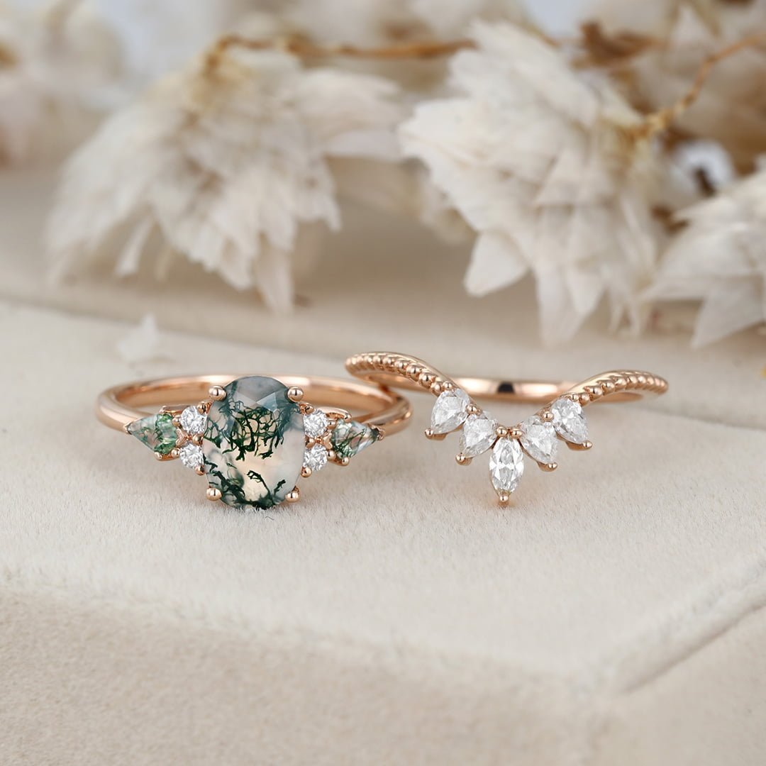 Unique Oval shaped Natural Moss Agate engagement ring set Vintage Rose gold diamond Cluster marquise cut art deco Bridal anniversary gift