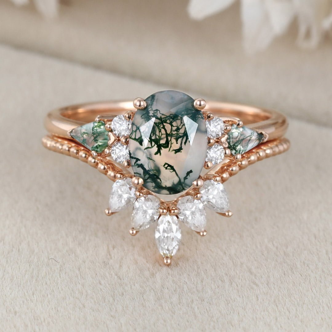Unique Oval shaped Natural Moss Agate engagement ring set Vintage Rose gold diamond Cluster marquise cut art deco Bridal anniversary gift