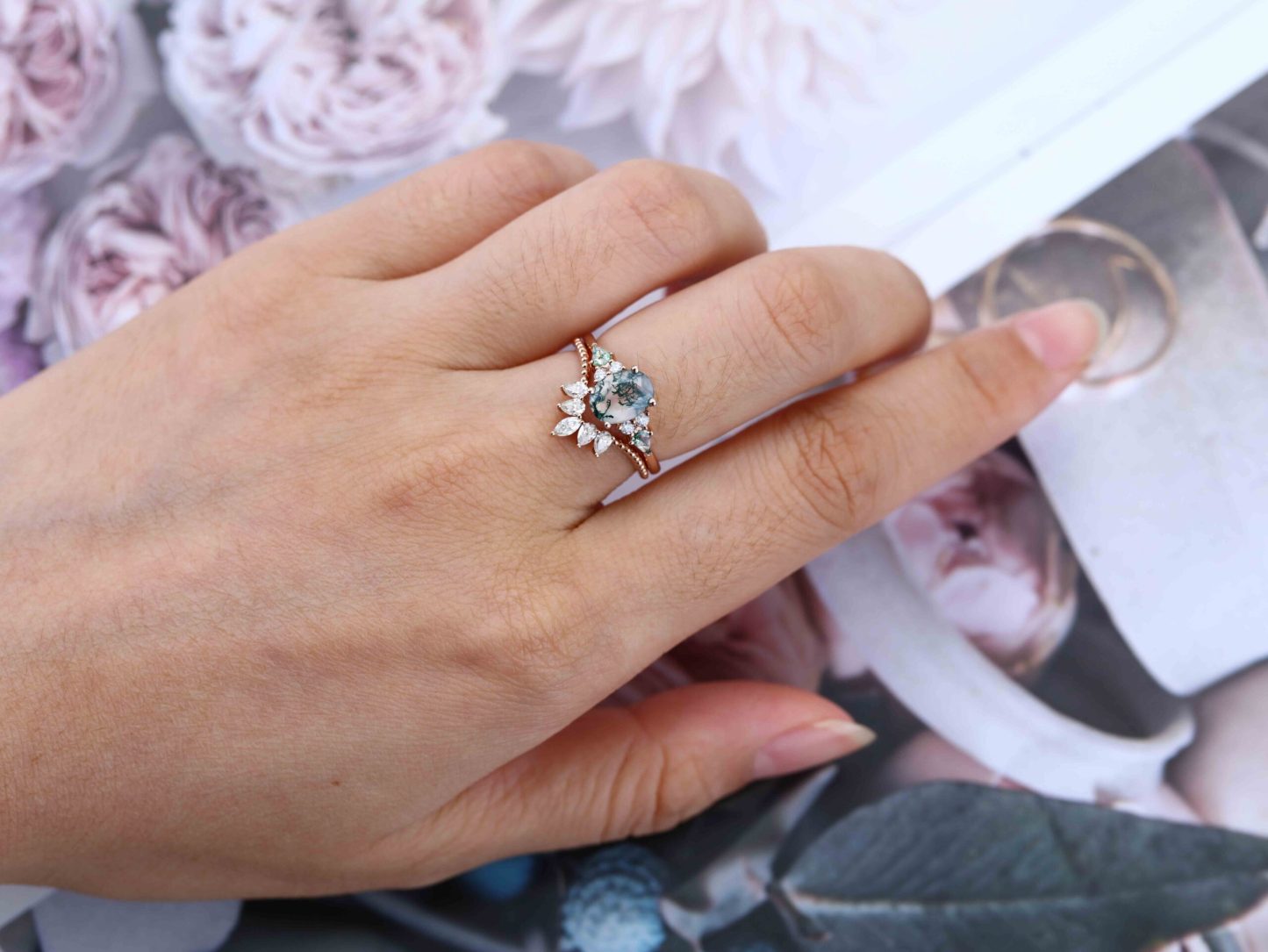 Unique Oval shaped Natural Moss Agate engagement ring set Vintage Rose gold diamond Cluster marquise cut art deco Bridal anniversary gift