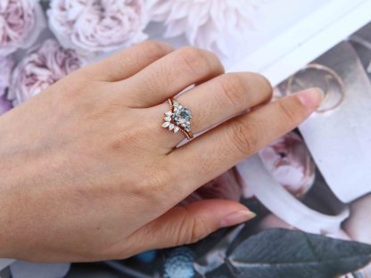Unique Oval shaped Natural Moss Agate engagement ring set Vintage Rose gold diamond Cluster marquise cut art deco Bridal anniversary gift