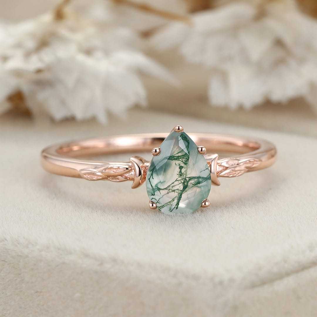 Unique Pear Shaped Moss Agate Engagement Ring Vintage 14K Rose Gold Solitaire Ring Art Deco Moon Style Wedding Bridal Promise Gift