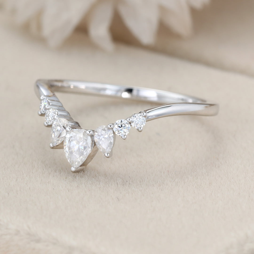 Unique Pear shaped Curved wedding ring Diamond wedding band White gold Moissanite wedding band matching band Bridal promise Anniversary gift