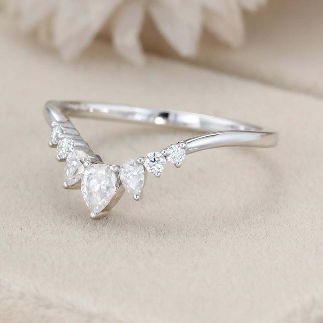 Unique Pear shaped Curved wedding ring Diamond wedding band White gold Moissanite wedding band matching band Bridal promise Anniversary gift