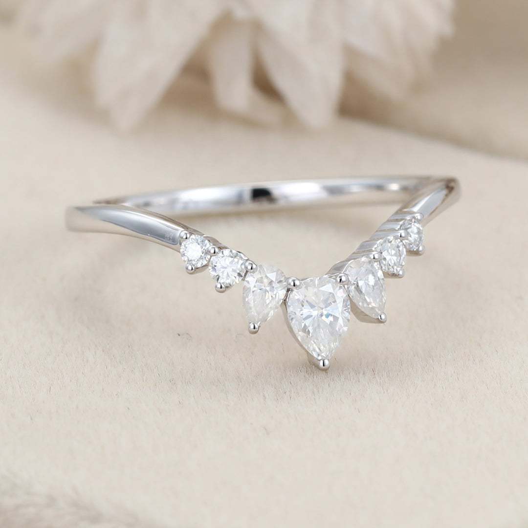 Unique Pear shaped Curved wedding ring Diamond wedding band White gold Moissanite wedding band matching band Bridal promise Anniversary gift