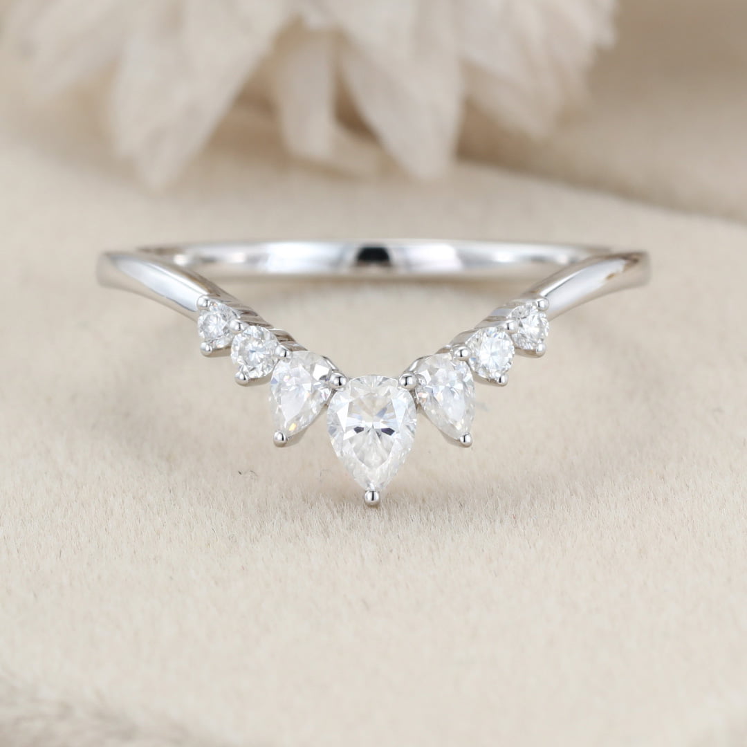 Unique Pear shaped Curved wedding ring Diamond wedding band White gold Moissanite wedding band matching band Bridal promise Anniversary gift