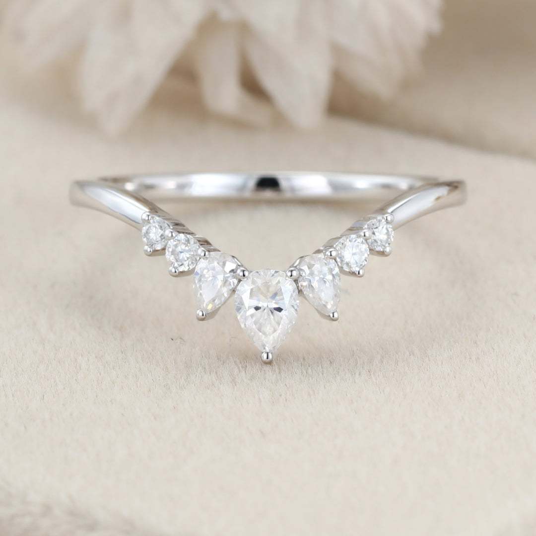 Unique Pear shaped Curved wedding ring Diamond wedding band White gold Moissanite wedding band matching band Bridal promise Anniversary gift