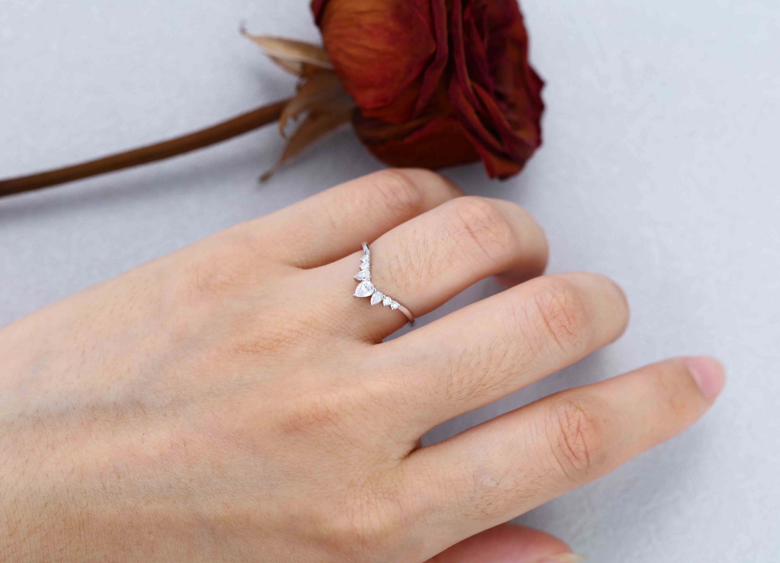 Unique Pear shaped Curved wedding ring Diamond wedding band White gold Moissanite wedding band matching band Bridal promise Anniversary gift