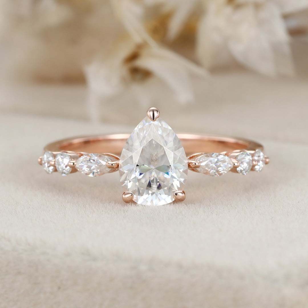 Unique Pear shaped Moissanite engagement ring Vintage rose gold engagement ring diamond ring promise ring Anniversary gift