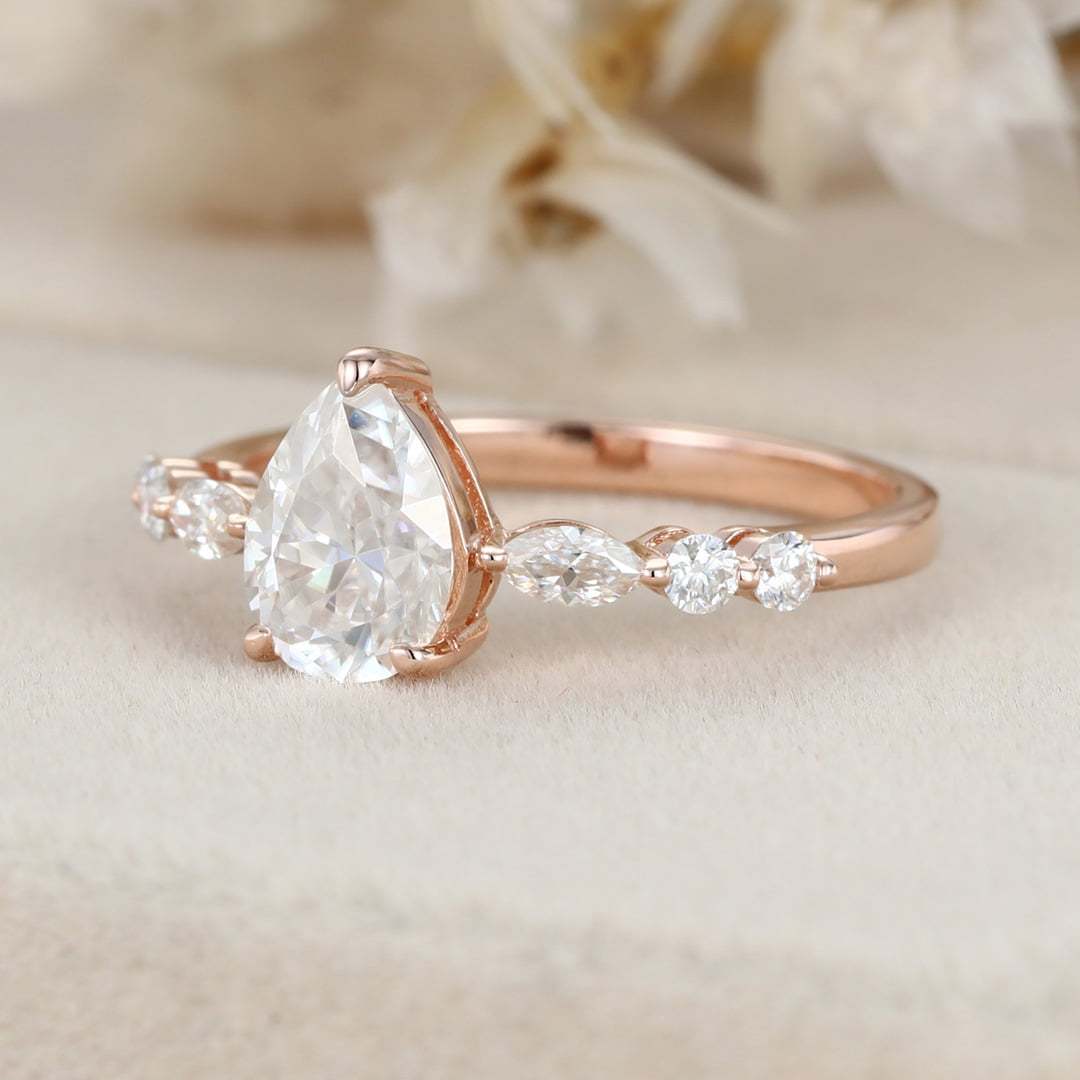 Unique Pear shaped Moissanite engagement ring Vintage rose gold engagement ring diamond ring promise ring Anniversary gift