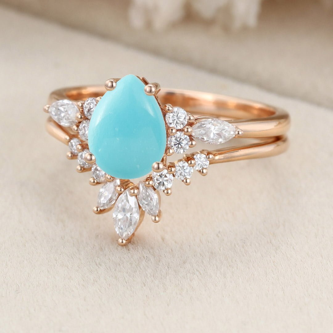 Unique Pear shaped Turquoise Engagement Ring Set Vintage Rose Gold Blue Turquoise Bridal Rings Marquise Moissanite Wedding Band Rings For Women