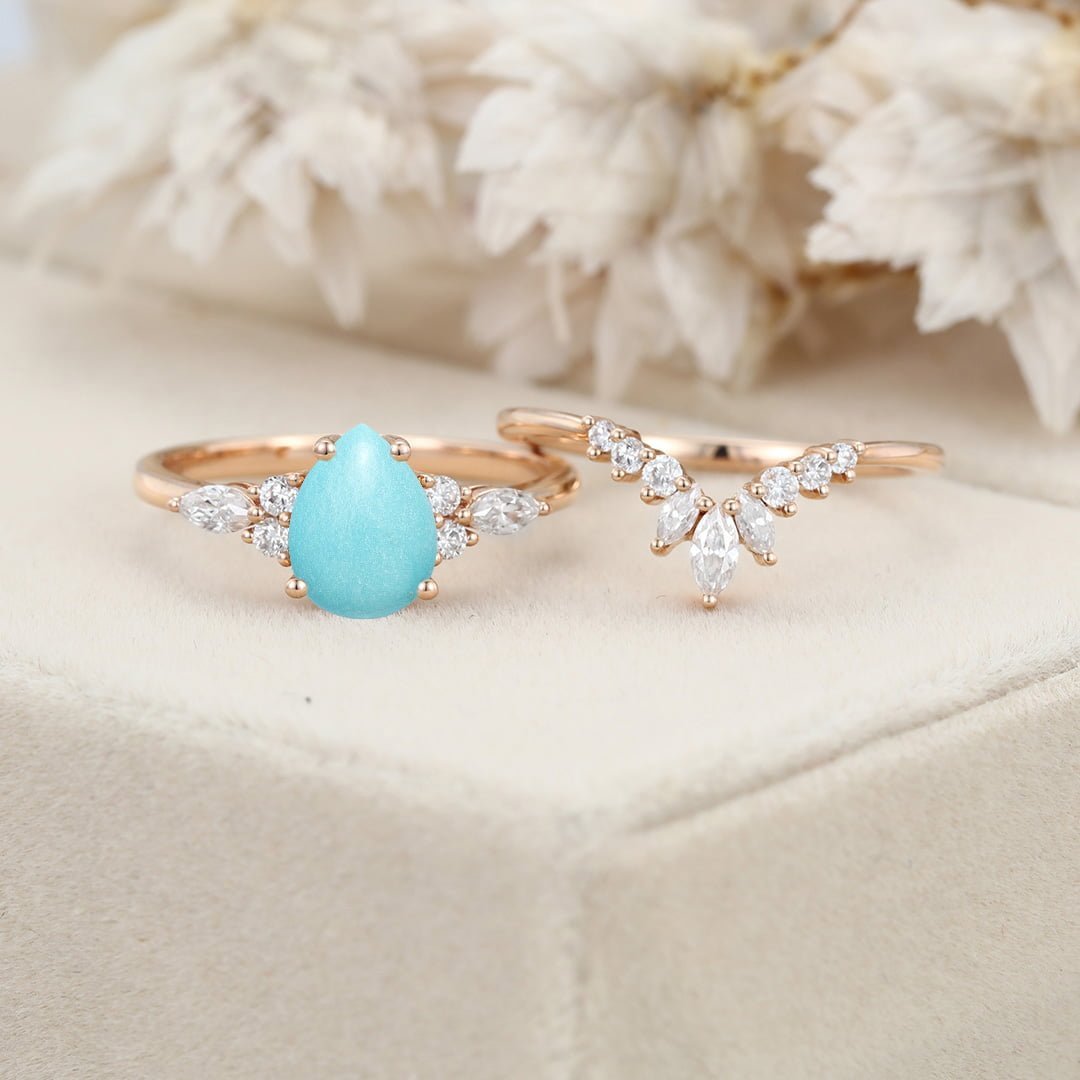 Unique Pear shaped Turquoise Engagement Ring Set Vintage Rose Gold Blue Turquoise Bridal Rings Marquise Moissanite Wedding Band Rings For Women