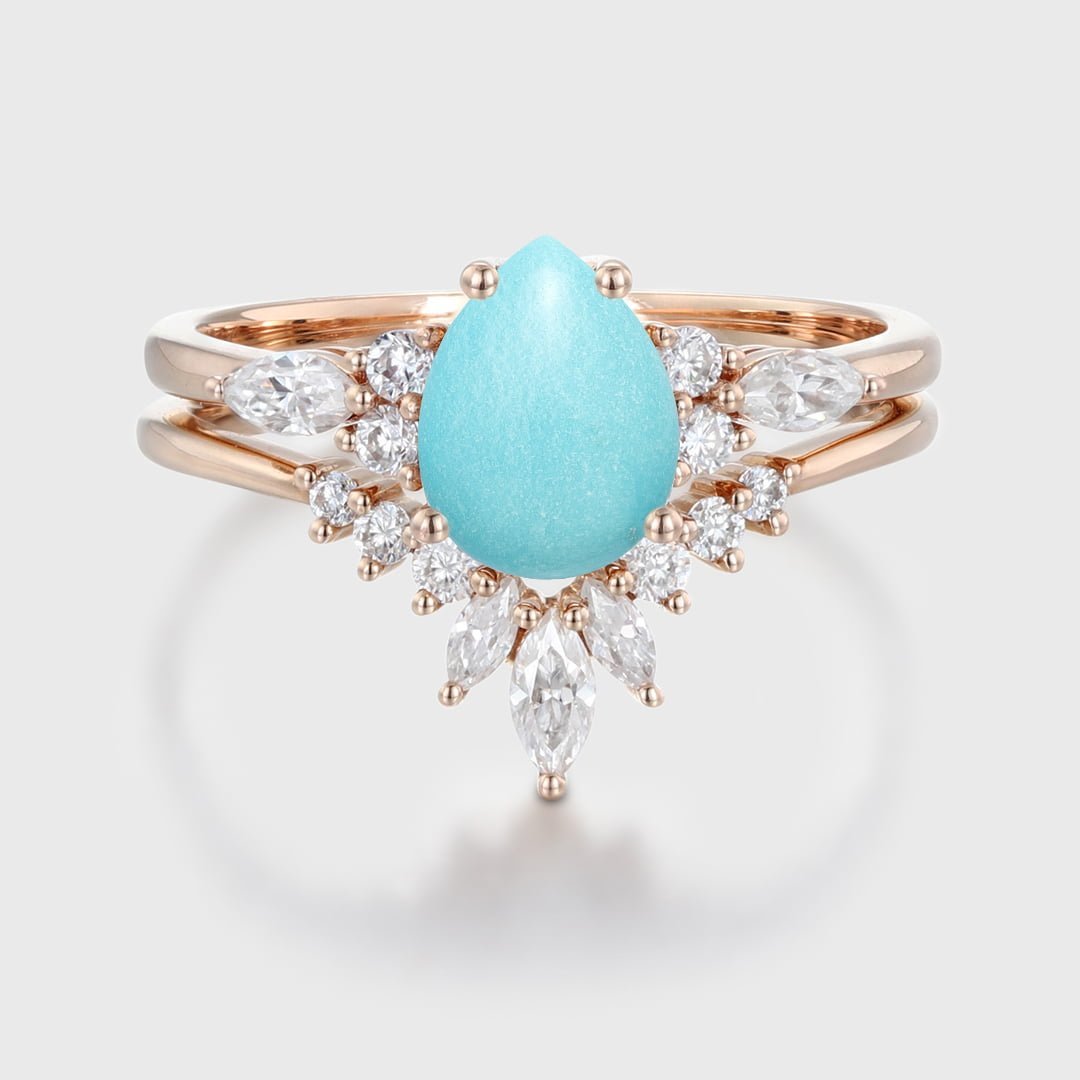 Unique Pear shaped Turquoise Engagement Ring Set Vintage Rose Gold Blue Turquoise Bridal Rings Marquise Moissanite Wedding Band Rings For Women