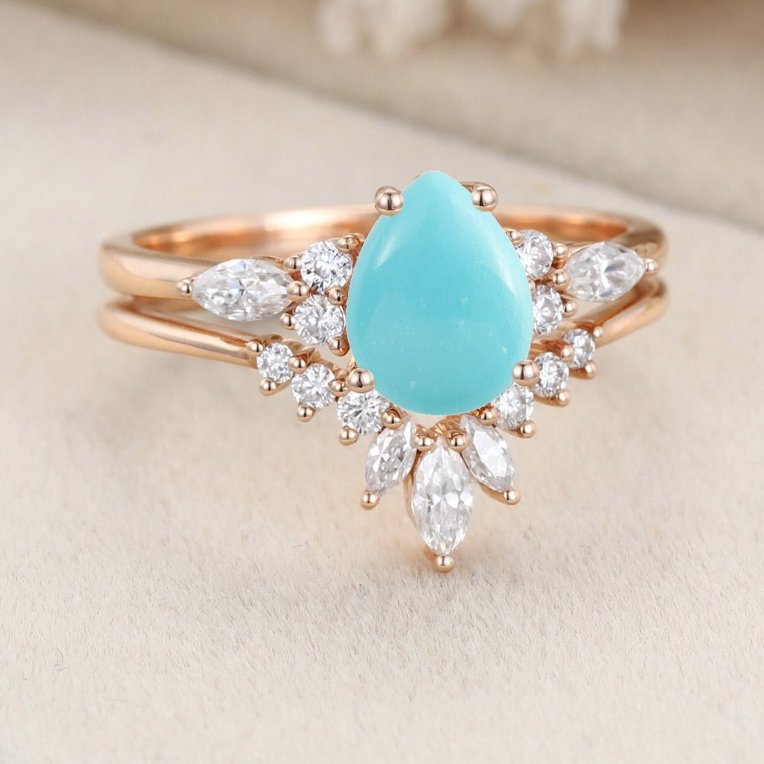 Unique Pear shaped Turquoise Engagement Ring Set Vintage Rose Gold Blue Turquoise Bridal Rings Marquise Moissanite Wedding Band Rings For Women