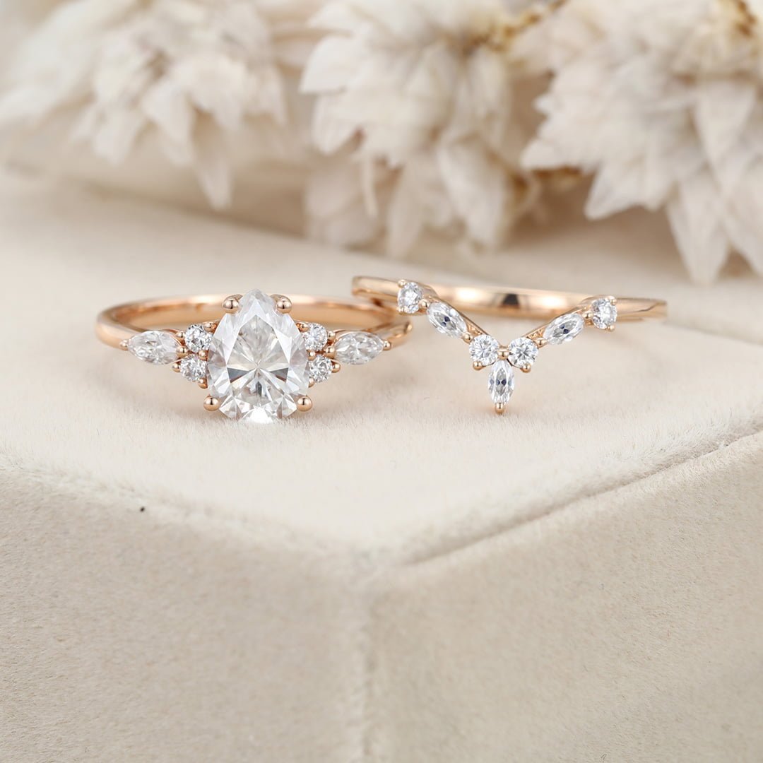 Unique Pear shaped cut Moissanite engagement ring set vintage Rose gold engagement ring women Marquise cut Diamond wedding Bridal gift