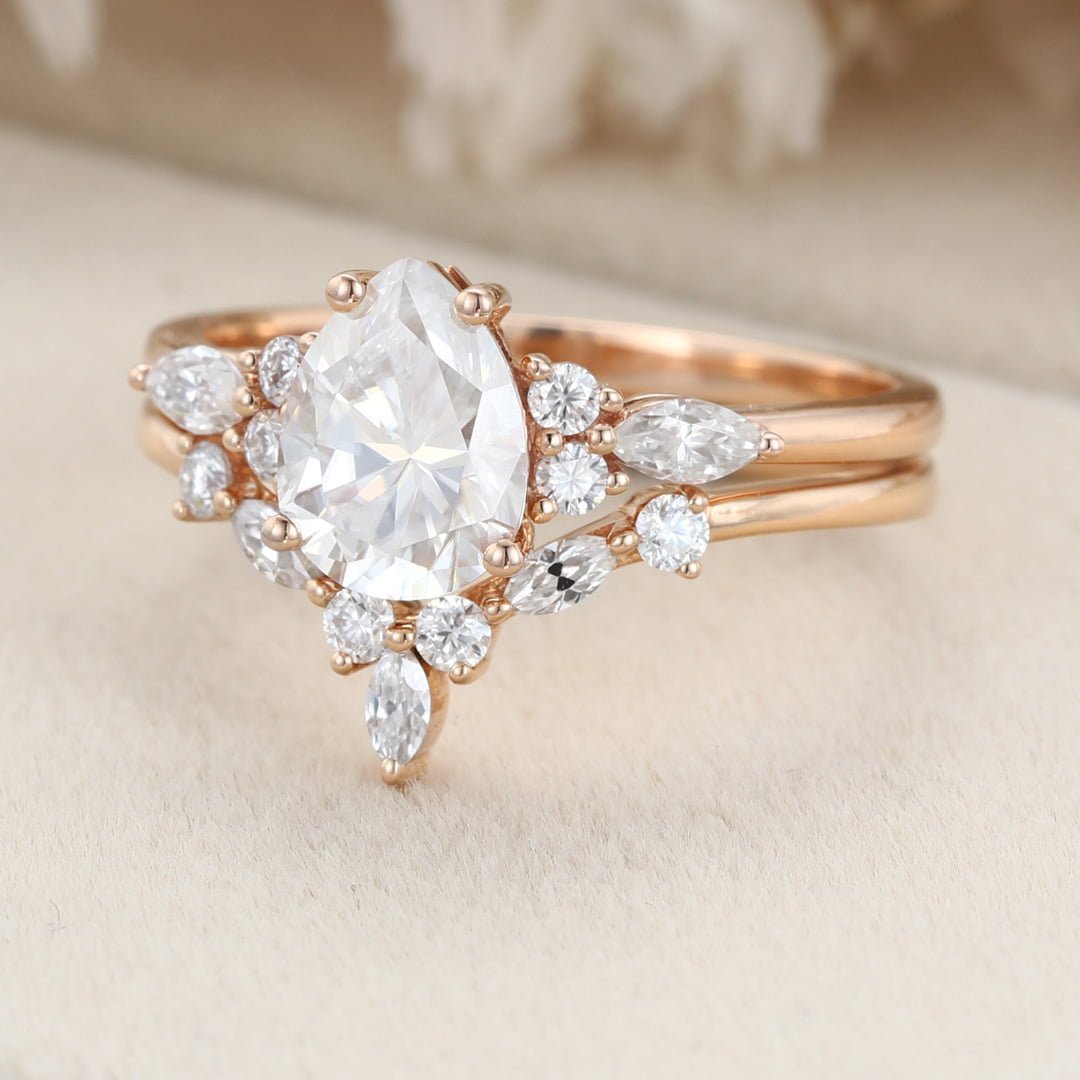 Unique Pear shaped cut Moissanite engagement ring set vintage Rose gold engagement ring women Marquise cut Diamond wedding Bridal gift