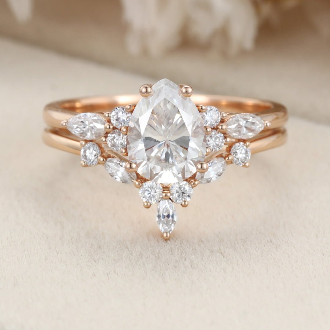 Unique Pear shaped cut Moissanite engagement ring set vintage Rose gold engagement ring women Marquise cut Diamond wedding Bridal gift
