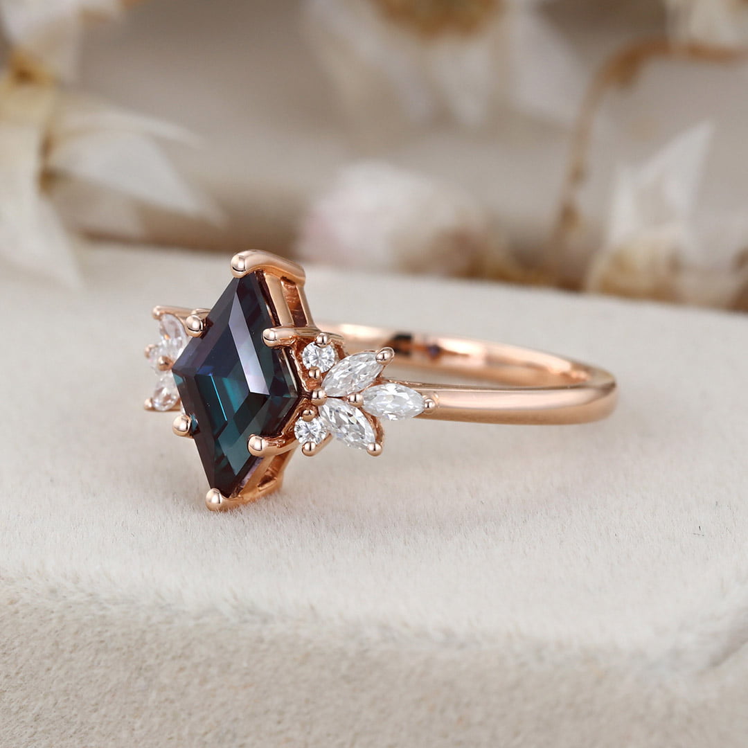 Unique rhombus Alexandrite engagement ring Vintage Rose gold Marquise Moissanite ring art deco chevron diamond wedding band anniversary gift