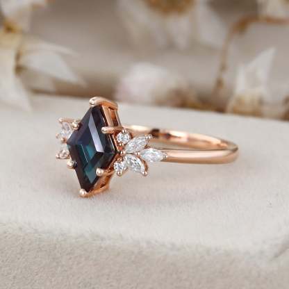 Unique rhombus Alexandrite engagement ring Vintage Rose gold Marquise Moissanite ring art deco chevron diamond wedding band anniversary gift