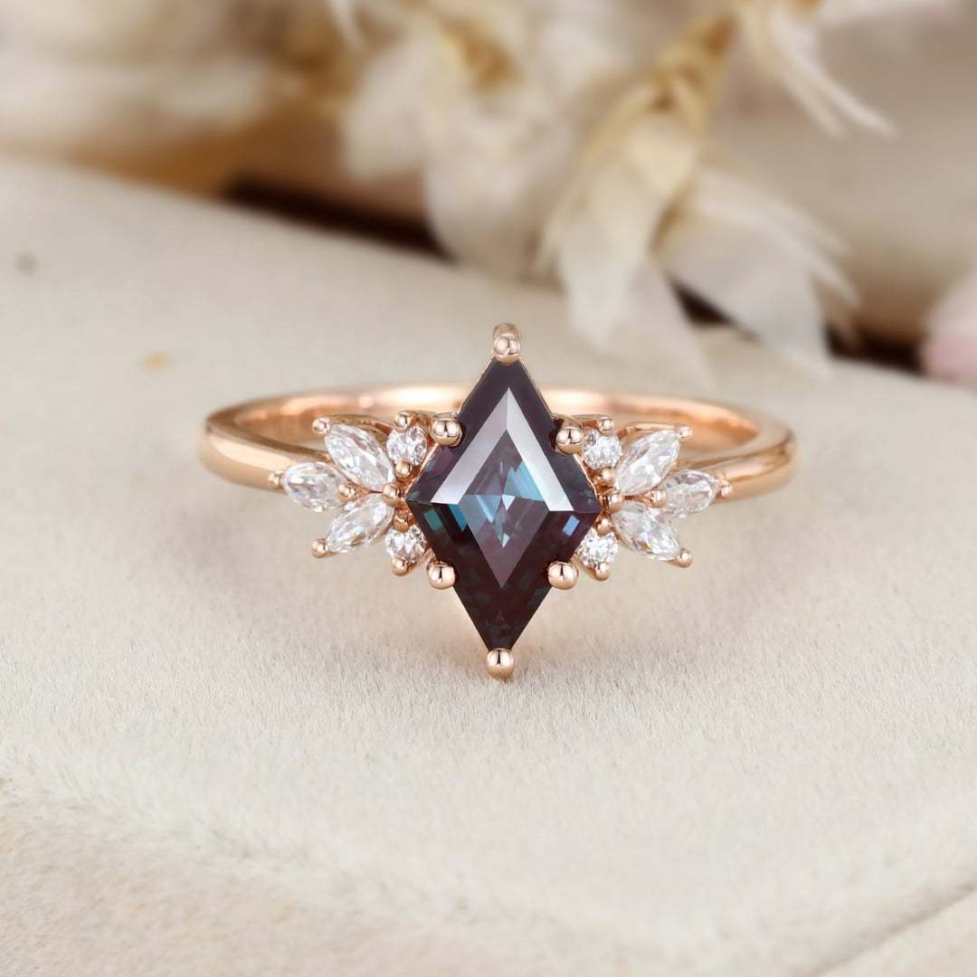 Unique rhombus Alexandrite engagement ring Vintage Rose gold Marquise Moissanite ring art deco chevron diamond wedding band anniversary gift