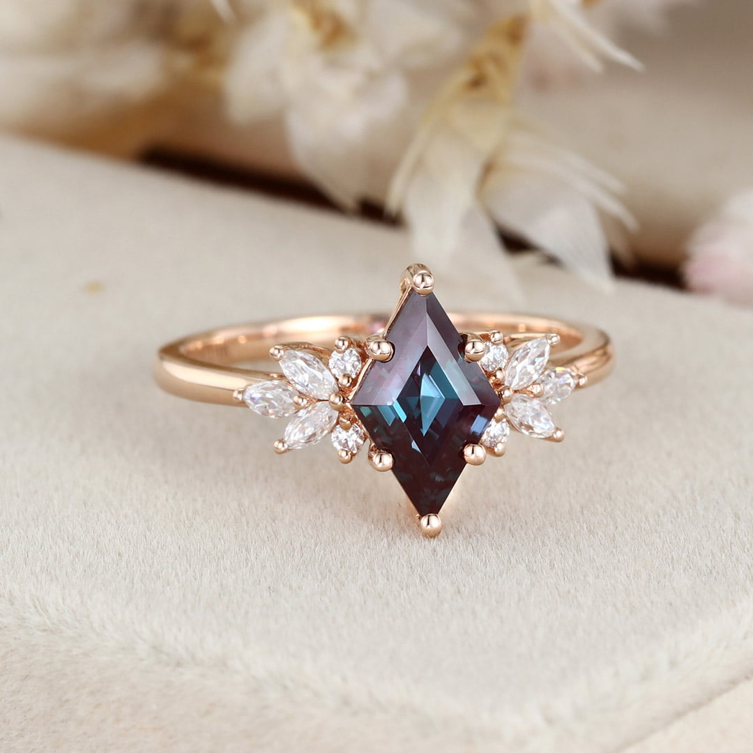 Unique rhombus Alexandrite engagement ring Vintage Rose gold Marquise Moissanite ring art deco chevron diamond wedding band anniversary gift