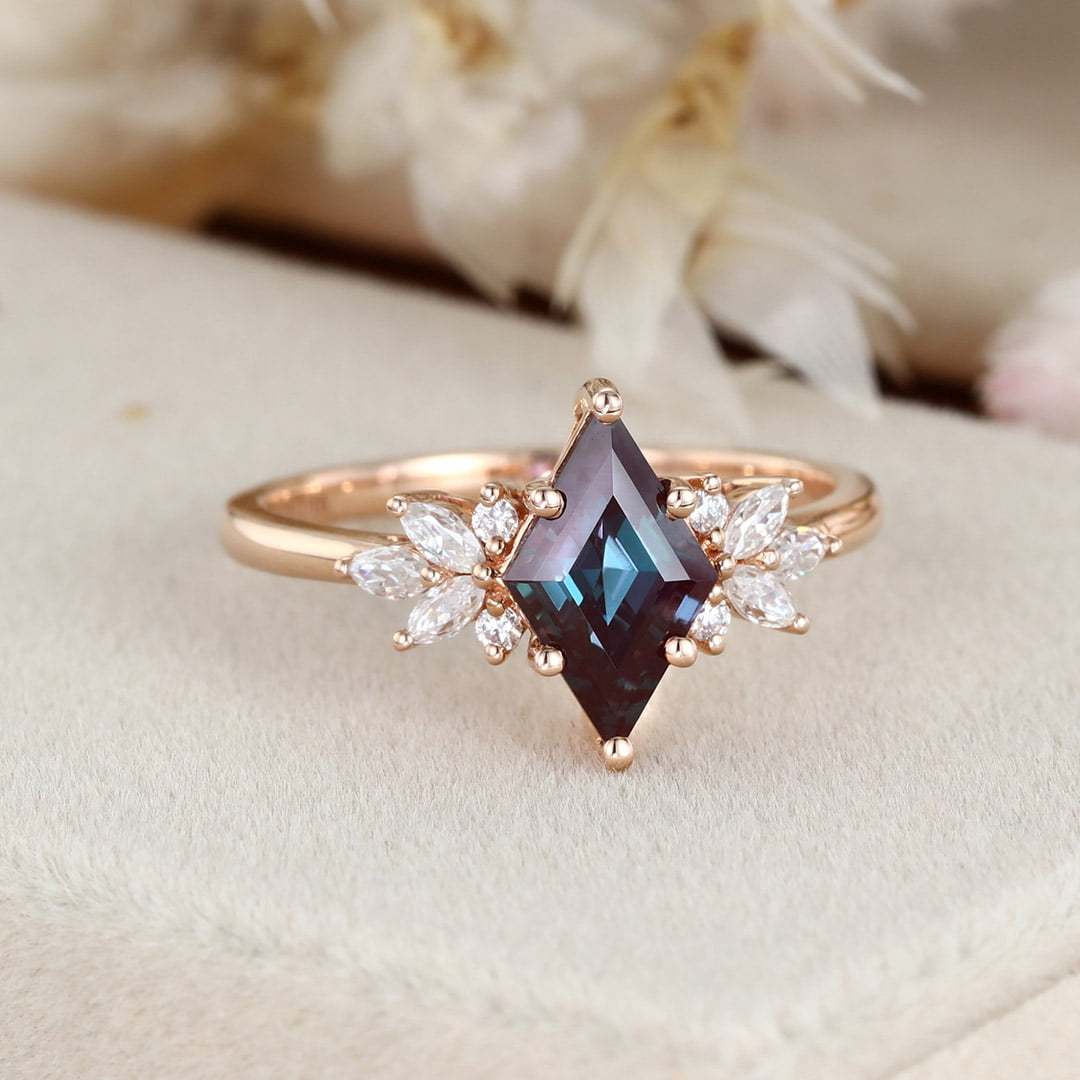 Unique rhombus Alexandrite engagement ring Vintage Rose gold Marquise Moissanite ring art deco chevron diamond wedding band anniversary gift
