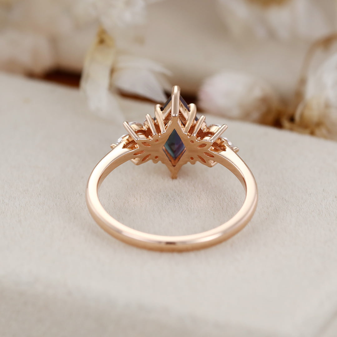 Unique rhombus Alexandrite engagement ring Vintage Rose gold Marquise Moissanite ring art deco chevron diamond wedding band anniversary gift