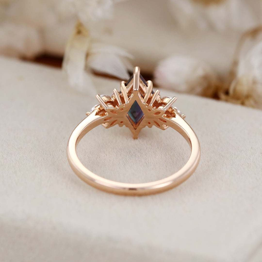 Unique rhombus Alexandrite engagement ring Vintage Rose gold Marquise Moissanite ring art deco chevron diamond wedding band anniversary gift