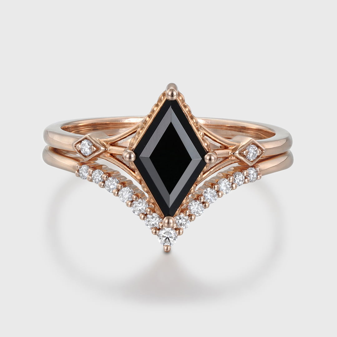 Unique Rhombus Cut Black Onyx Engagement Ring Set Vintage Rose Gold Moissanite Wedding Ring Bridal Anniversary Gift