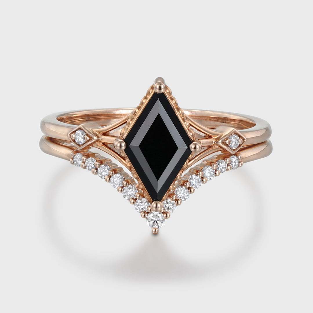 Unique Rhombus Cut Black Onyx Engagement Ring Set Vintage Rose Gold Moissanite Wedding Ring Bridal Anniversary Gift