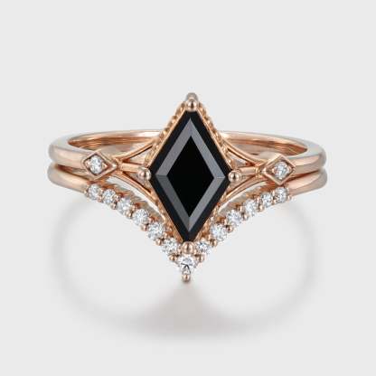 Unique Rhombus Cut Black Onyx Engagement Ring Set Vintage Rose Gold Moissanite Wedding Ring Bridal Anniversary Gift