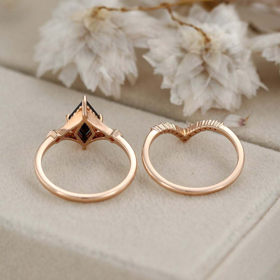 Unique Rhombus Cut Black Onyx Engagement Ring Set Vintage Rose Gold Moissanite Wedding Ring Bridal Anniversary Gift