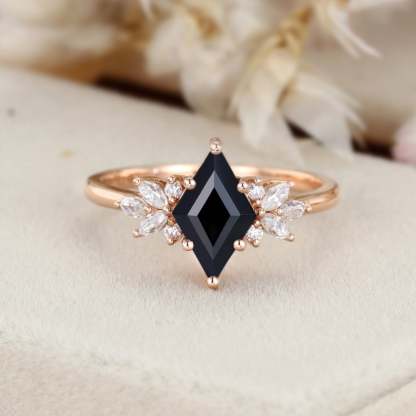 Unique Rhombus black onyx engagement ring Vintage 14K Rose gold Marquise Moissanite ring art deco diamond wedding band anniversary gift