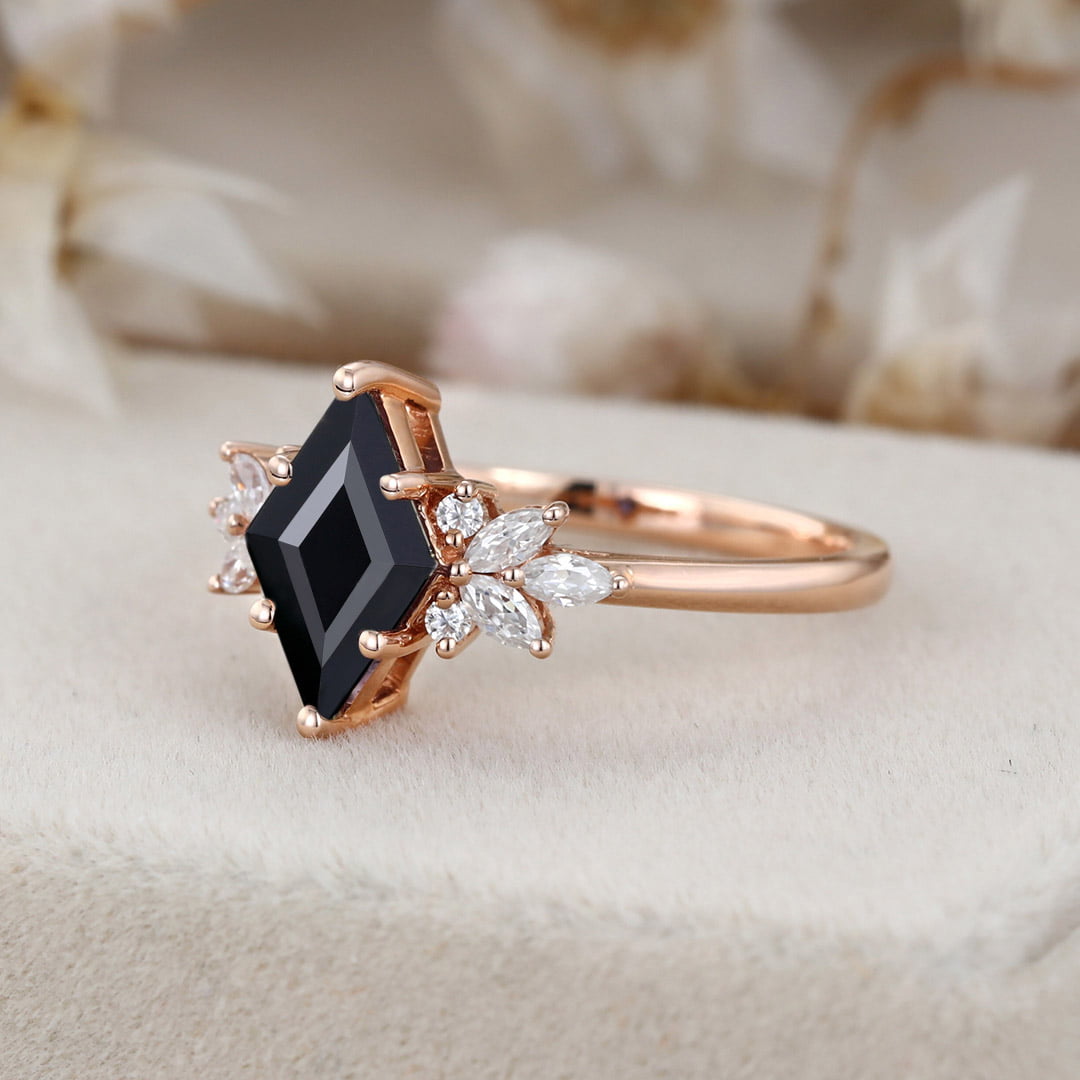 Unique Rhombus black onyx engagement ring Vintage 14K Rose gold Marquise Moissanite ring art deco diamond wedding band anniversary gift
