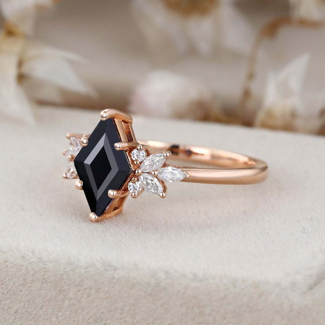 Unique Rhombus black onyx engagement ring Vintage 14K Rose gold Marquise Moissanite ring art deco diamond wedding band anniversary gift